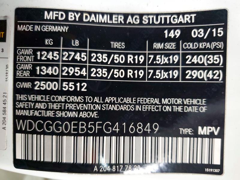 Продажа на аукционе авто 2015 Mercedes-benz Glk, vin: WDCGG0EB5FG416849, номер лота: 72918576