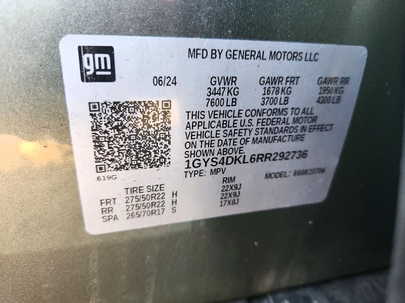 2024 Cadillac Escalade მანქანა იყიდება აუქციონზე, vin: 1GYS4DKL6RR292736, აუქციონის ნომერი: 72536446