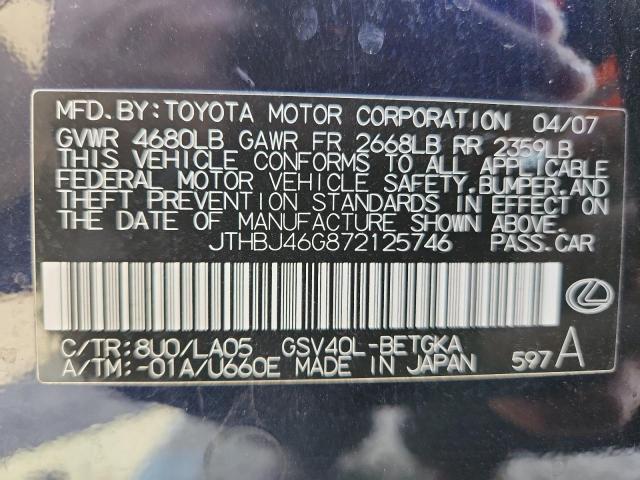 2007 Lexus Es მანქანა იყიდება აუქციონზე, vin: JTHBJ46G872125746, აუქციონის ნომერი: 70998746