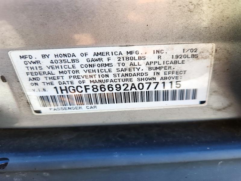 Aukcja sprzedaży 2002 Honda Accord, vin: 1HGCF86692A077115, numer aukcji: 71953016