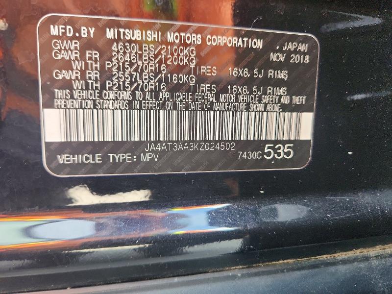 70343676 :رقم المزاد ، JA4AT3AA3KZ024502 vin ، 2019 Mitsubishi Eclipse Cross مزاد بيع