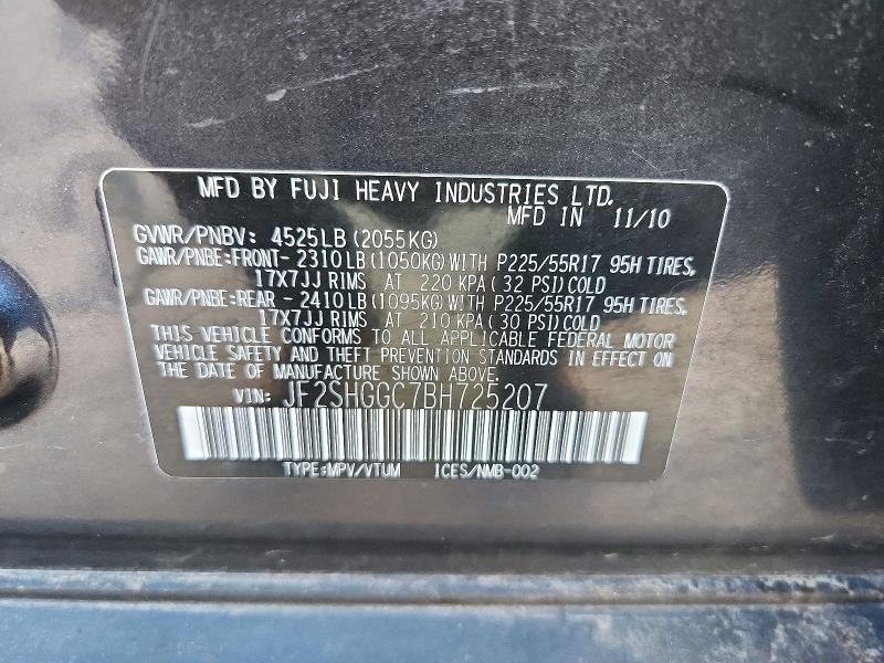 2011 Subaru Forester მანქანა იყიდება აუქციონზე, vin: JF2SHGGC7BH725207, აუქციონის ნომერი: 73842016