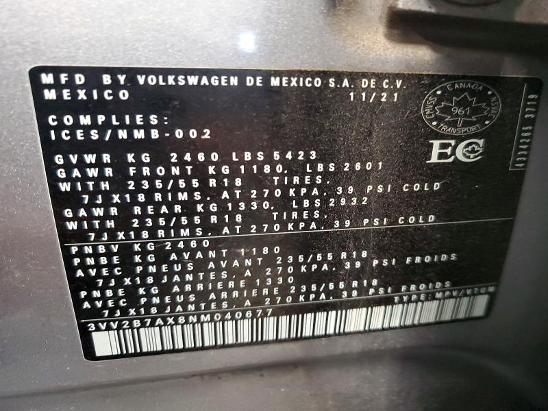 Aukcja sprzedaży 2022 Volkswagen Tiguan, vin: 3VV2B7AX8NM040677, numer aukcji: 70970496