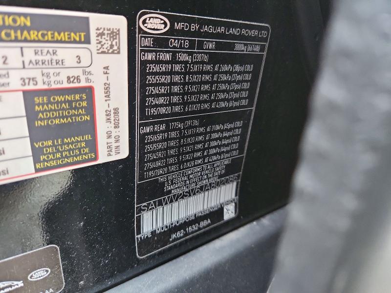 Aukcja sprzedaży 2018 Land Rover Range Rover Sport, vin: SALWV2SV6JA802086, numer aukcji: 73341616