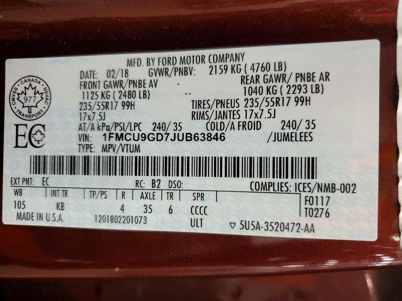 Продажа на аукционе авто 2018 Ford Escape, vin: 1FMCU9GD7JUB63846, номер лота: 72864986