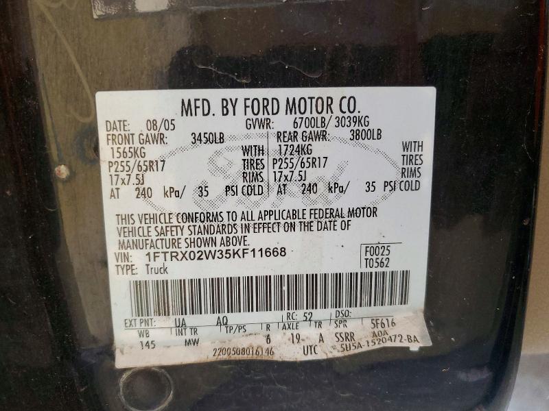Продаж на аукціоні авто 2005 Ford F150, vin: 1FTRX02W35KF11668, номер лоту: 72997306