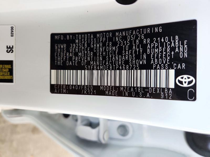 Aukcja sprzedaży 2026 Toyota Corolla, vin: 5YFB4MDE8TP468725, numer aukcji: 72212506