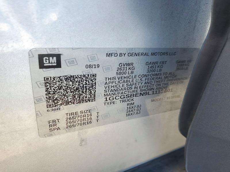 73077896 :رقم المزاد ، 1GCGSBEN9L1113601 vin ، 2020 Chevrolet Colorado مزاد بيع