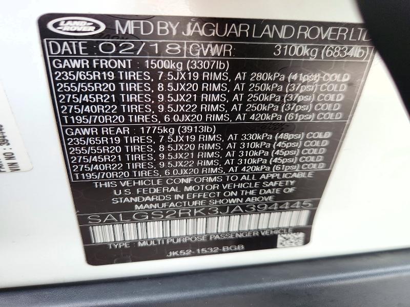 73313826 :رقم المزاد ، SALGS2RK3JA394445 vin ، 2018 Land Rover Range Rover مزاد بيع