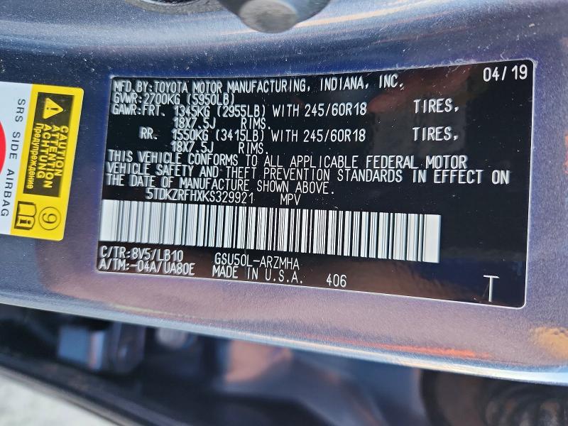 71289976 :رقم المزاد ، 5TDKZRFHXKS329921 vin ، 2019 Toyota Highlander مزاد بيع