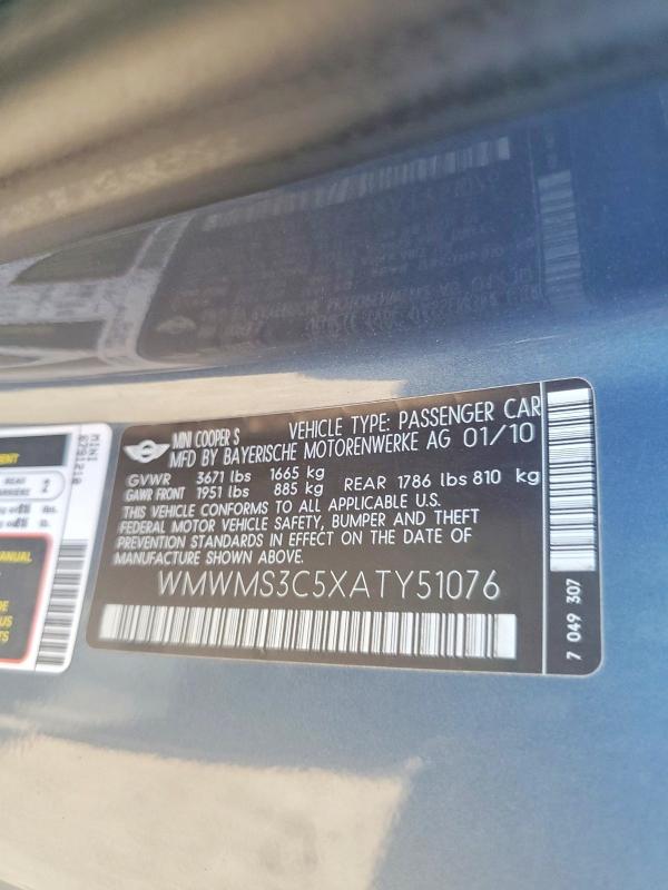 Aukcja sprzedaży 2010 Mini Cooper, vin: WMWMS3C5XATY51076, numer aukcji: 71816486