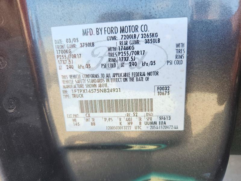 2005 Ford F150 მანქანა იყიდება აუქციონზე, vin: 1FTPX14575NB24931, აუქციონის ნომერი: 72438476