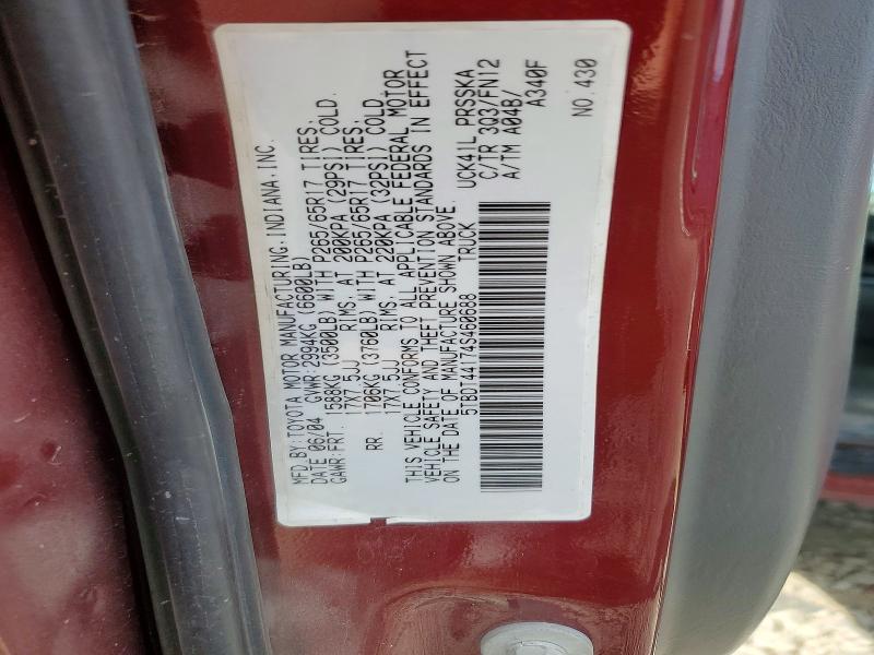 71978046 :رقم المزاد ، 5TBDT44174S460688 vin ، 2004 Toyota Tundra مزاد بيع