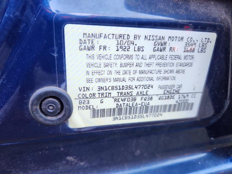 72326516 :رقم المزاد ، 3N1CB51D35L477024 vin ، 2005 Nissan Sentra مزاد بيع