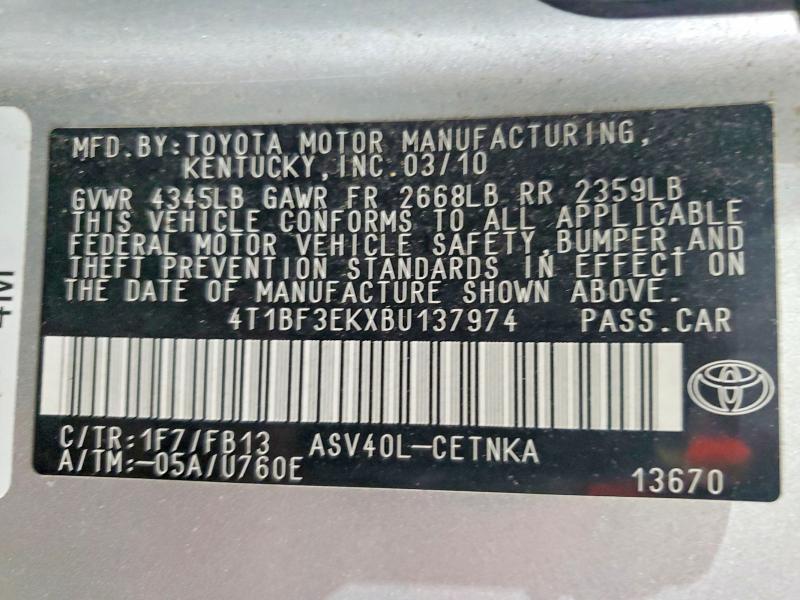 71422986 :رقم المزاد ، 4T1BF3EKXBU137974 vin ، 2011 Toyota Camry مزاد بيع