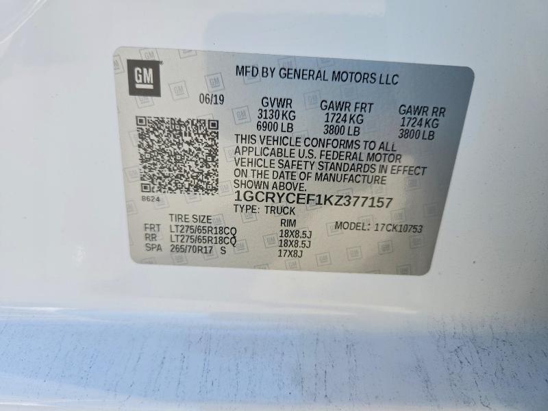 71055176 :رقم المزاد ، 1GCRYCEF1KZ377157 vin ، 2019 Chevrolet Silverado مزاد بيع