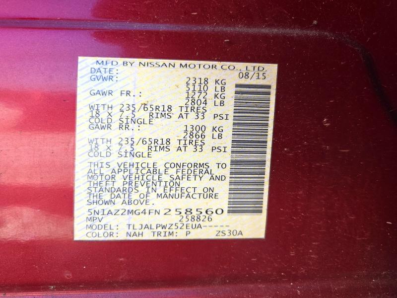 Продаж на аукціоні авто 2015 Nissan Murano, vin: 5N1AZ2MG4FN258560, номер лоту: 71594686