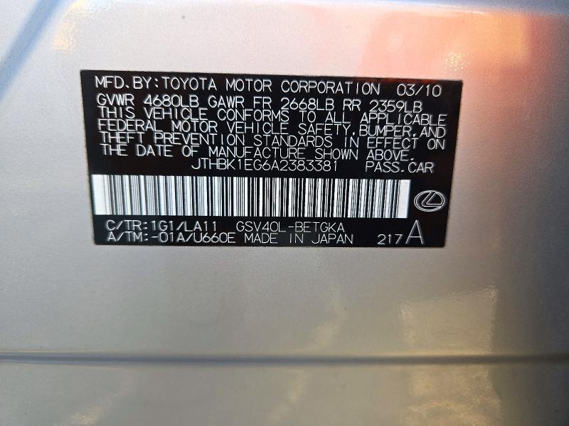 73274286 :رقم المزاد ، JTHBK1EG6A2383381 vin ، 2010 Lexus Es مزاد بيع