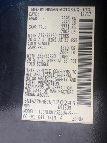 2018 Nissan Murano მანქანა იყიდება აუქციონზე, vin: 5N1AZ2MH6JN120245, აუქციონის ნომერი: 72250376