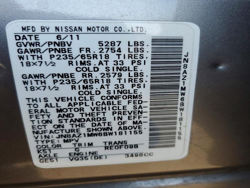 2011 Nissan Murano მანქანა იყიდება აუქციონზე, vin: JN8AZ1MW6BW181155, აუქციონის ნომერი: 71504576