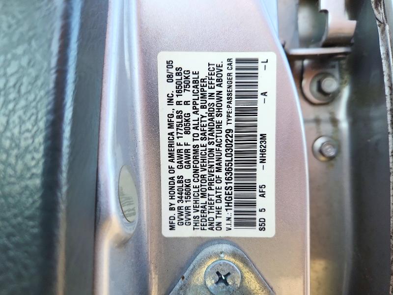 2005 Honda Civic მანქანა იყიდება აუქციონზე, vin: 1HGES16365L030229, აუქციონის ნომერი: 72238086