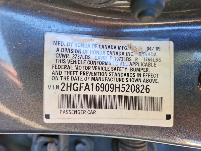 71540586 :رقم المزاد ، 2HGFA16909H520826 vin ، 2009 Honda Civic مزاد بيع