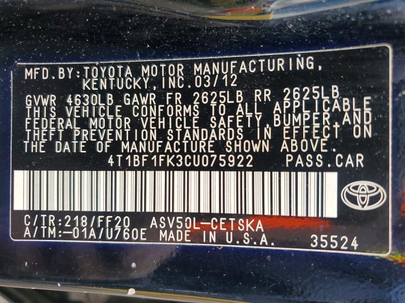 70949506 :رقم المزاد ، 4T1BF1FK3CU075922 vin ، 2012 Toyota Camry مزاد بيع