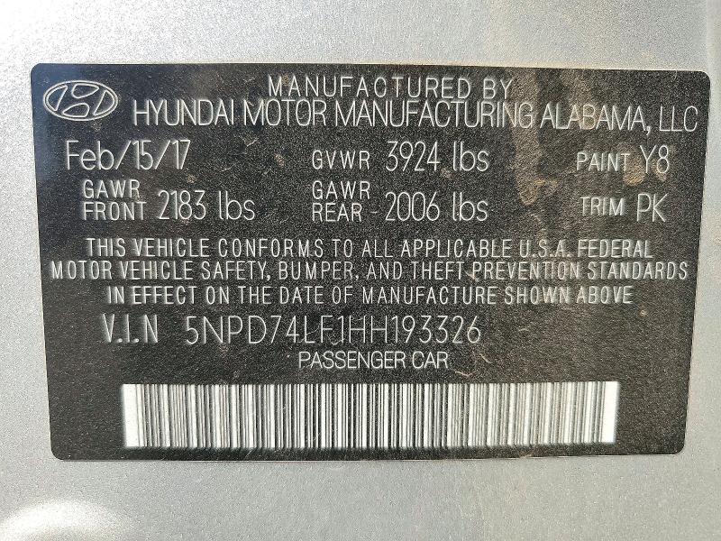 2017 Hyundai Elantra მანქანა იყიდება აუქციონზე, vin: 5NPD74LF1HH193326, აუქციონის ნომერი: 72392026