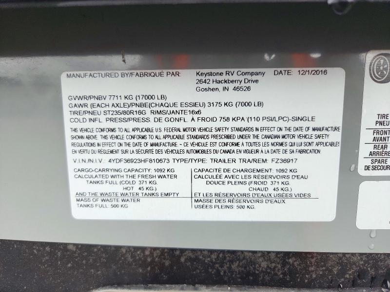 Продажа на аукционе авто 2017 Keystone Fuzion, vin: 4YDF36923HF810673, номер лота: 67076736