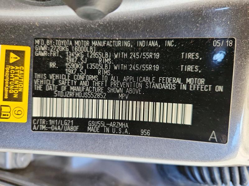 Aukcja sprzedaży 2018 Toyota Highlander, vin: 5TDJZRFH0JS552852, numer aukcji: 72125766