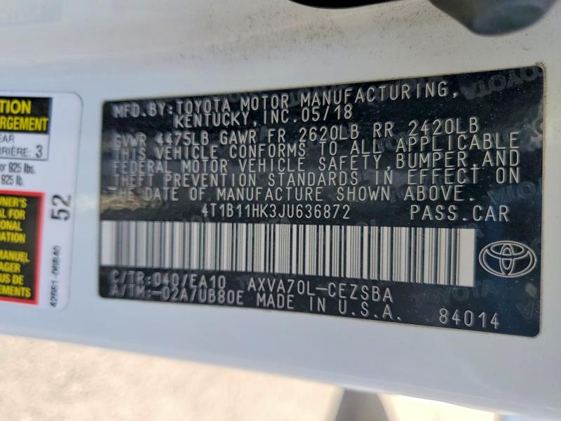 Продаж на аукціоні авто 2018 Toyota Camry, vin: 4T1B11HK3JU636872, номер лоту: 70668516