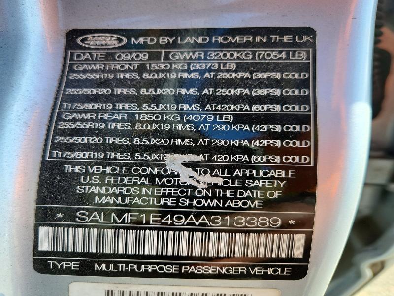 72304186 :رقم المزاد ، SALMF1E49AA313389 vin ، 2010 Land Rover Range Rover مزاد بيع