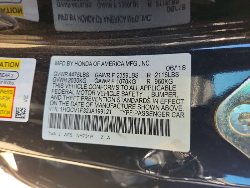 Aukcja sprzedaży 2018 Honda Accord, vin: 1HGCV1F32JA199121, numer aukcji: 71544936
