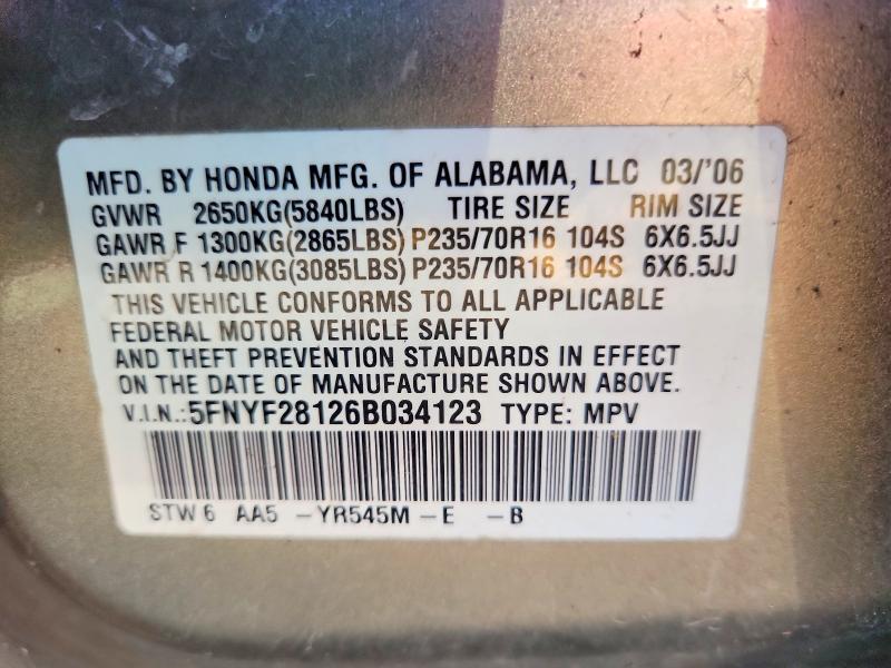 2006 Honda Pilot მანქანა იყიდება აუქციონზე, vin: 5FNYF28126B034123, აუქციონის ნომერი: 71464746