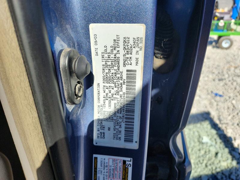 Aukcja sprzedaży 2004 Toyota 4runner, vin: JTEBU14R940022446, numer aukcji: 72249056