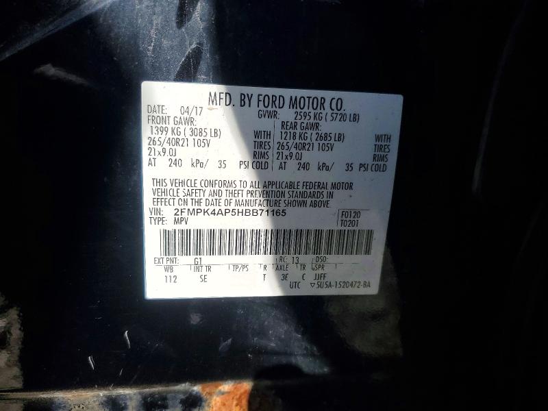 71157576 :رقم المزاد ، 2FMPK4AP5HBB71165 vin ، 2017 Ford Edge مزاد بيع