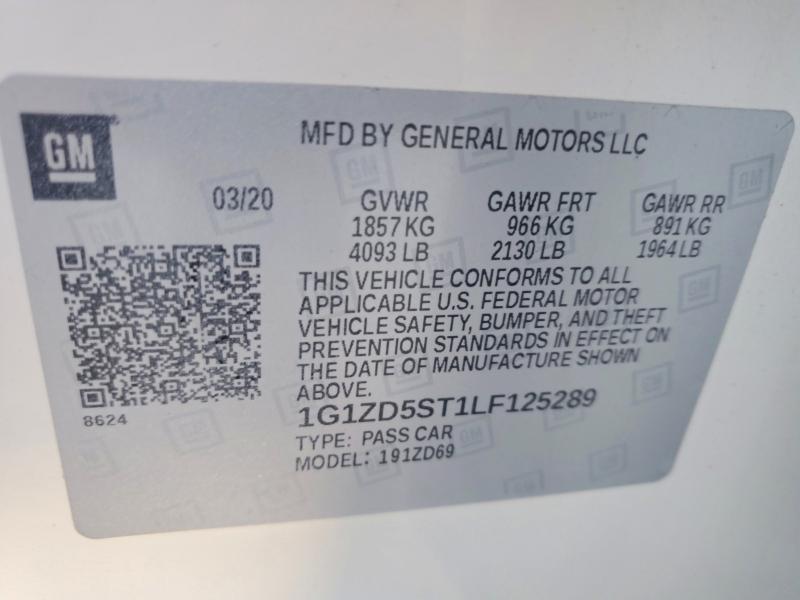71265606 :رقم المزاد ، 1G1ZD5ST1LF125289 vin ، 2020 Chevrolet Malibu مزاد بيع