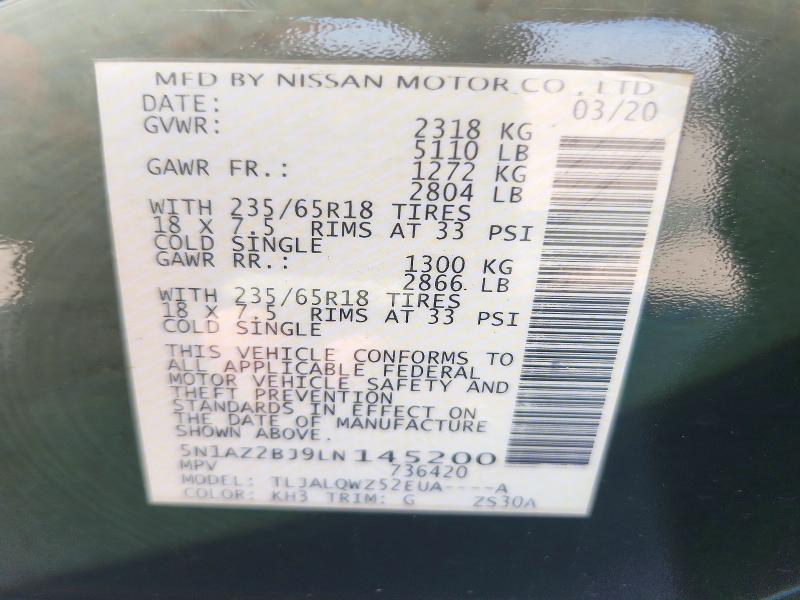 Aukcja sprzedaży 2020 Nissan Murano, vin: 5N1AZ2BJ9LN145200, numer aukcji: 72413326