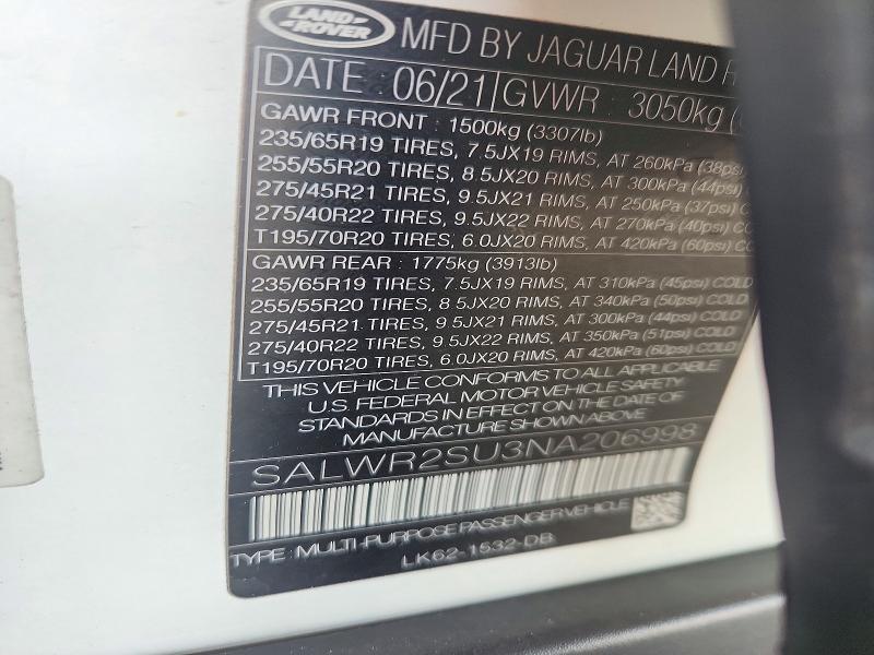 72397996 :رقم المزاد ، SALWR2SU3NA206998 vin ، 2022 Land Rover Range Rover Sport مزاد بيع
