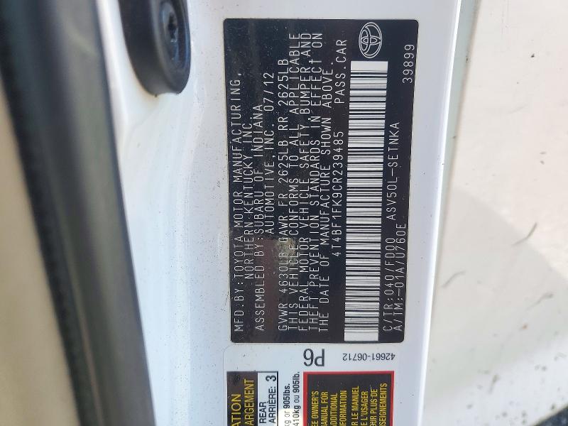 2012 Toyota Camry მანქანა იყიდება აუქციონზე, vin: 4T4BF1FK9CR239485, აუქციონის ნომერი: 71867116