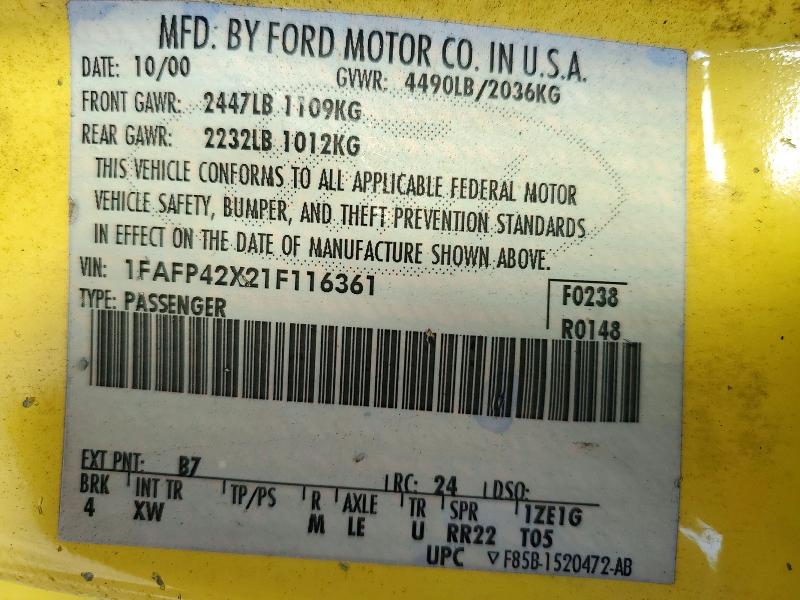 Продаж на аукціоні авто 2001 Ford Mustang, vin: 1FAFP42X21F116361, номер лоту: 72183616