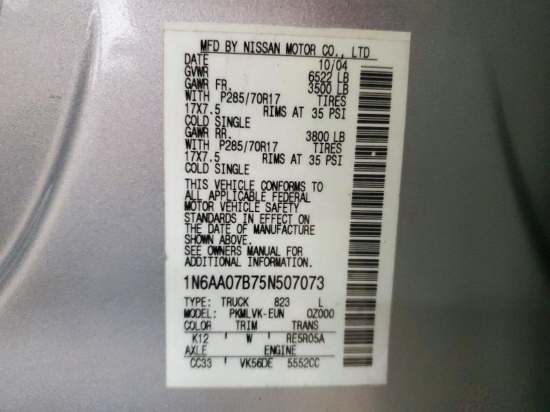 72816416 :رقم المزاد ، 1N6AA07B75N507073 vin ، 2005 Nissan Titan مزاد بيع