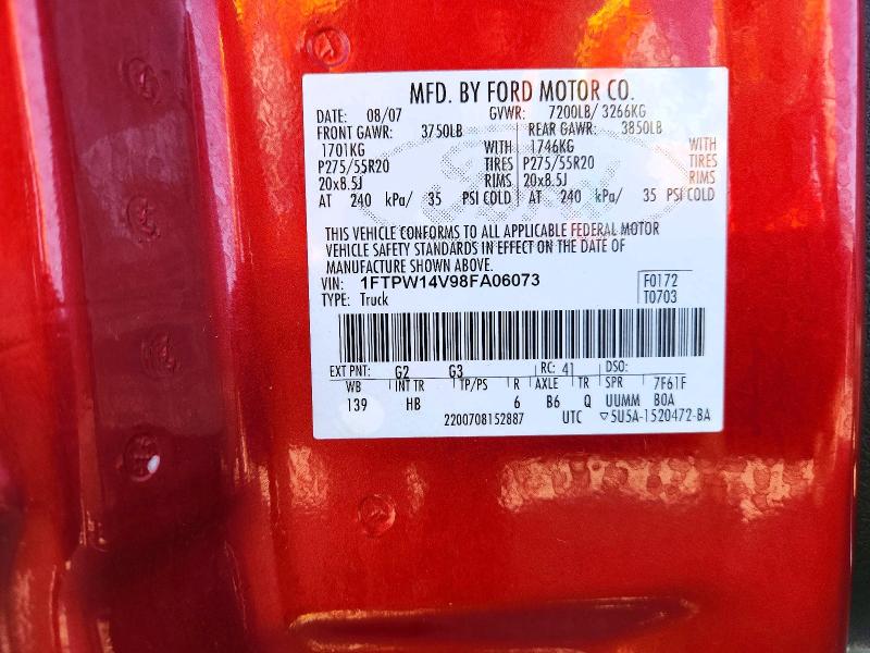2008 Ford F150 მანქანა იყიდება აუქციონზე, vin: 1FTPW14V98FA06073, აუქციონის ნომერი: 72441476