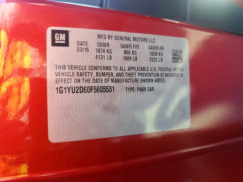 71509876 :رقم المزاد ، 1G1YU2D60F5605531 vin ، 2015 Chevrolet Corvette مزاد بيع