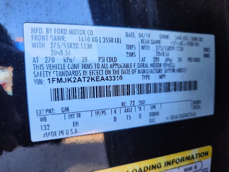 72377826 :رقم المزاد ، 1FMJK2AT2KEA43310 vin ، 2019 Ford Expedition مزاد بيع