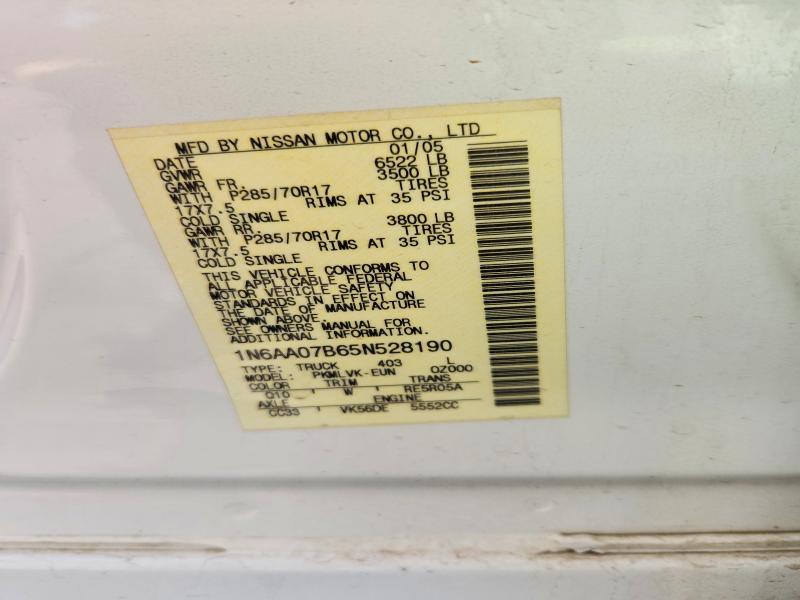 2005 Nissan Titan მანქანა იყიდება აუქციონზე, vin: 1N6AA07B65N528190, აუქციონის ნომერი: 70747716