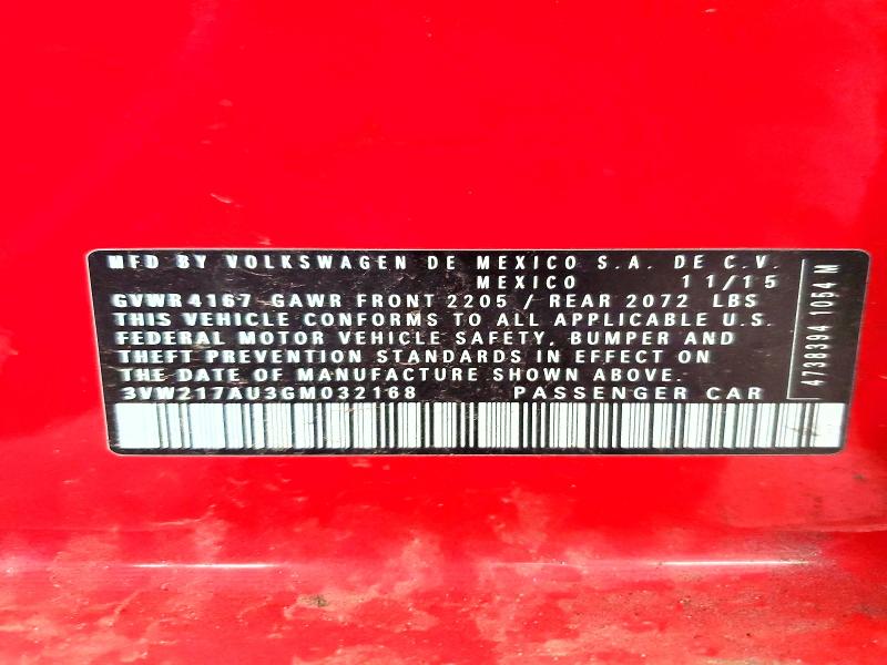 72181906 :رقم المزاد ، 3VW217AU3GM032168 vin ، 2016 Volkswagen Golf مزاد بيع