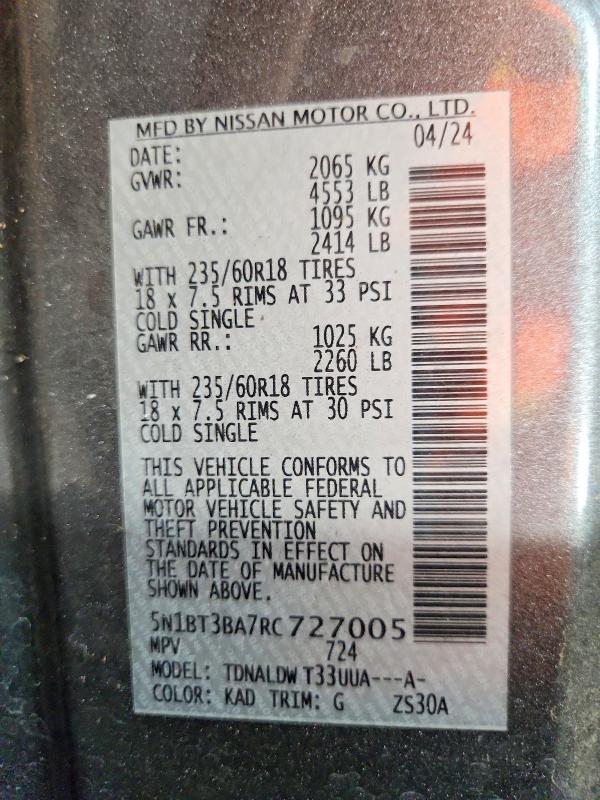 71383136 :رقم المزاد ، 5N1BT3BA7RC727005 vin ، 2024 Nissan Rogue مزاد بيع