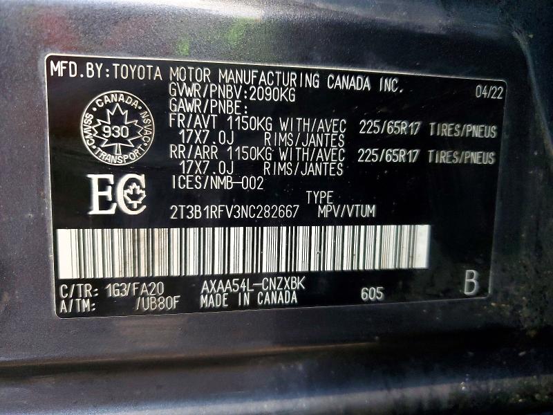 Продаж на аукціоні авто 2022 Toyota Rav4, vin: 2T3B1RFV3NC282667, номер лоту: 68946826