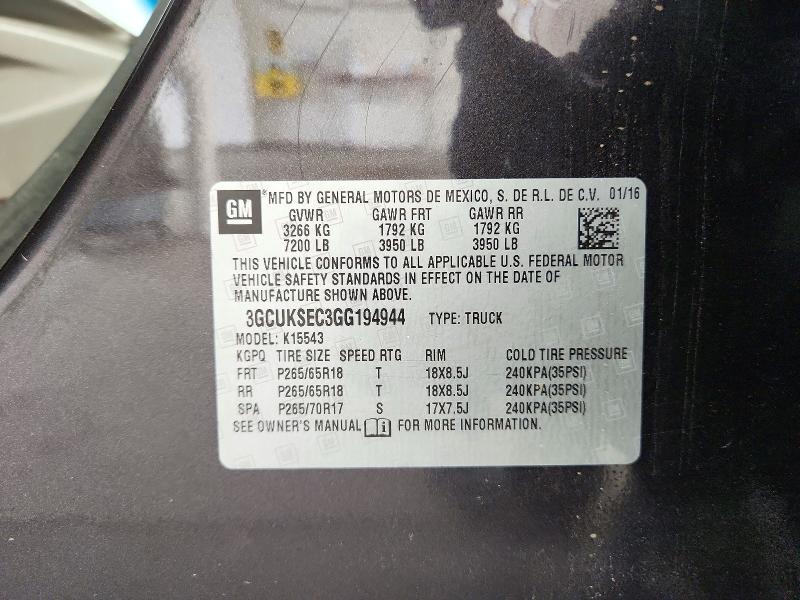 Продаж на аукціоні авто 2016 Chevrolet Silverado, vin: 3GCUKSEC3GG194944, номер лоту: 72726646
